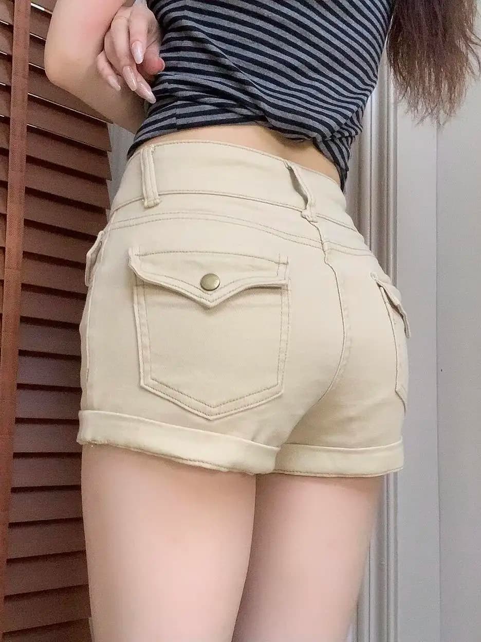 Khaki Short Shorts Women's Slim Fit Jeans High Waist Button Detail mid Summer Pocket Design Butt Lifting Hot Pants