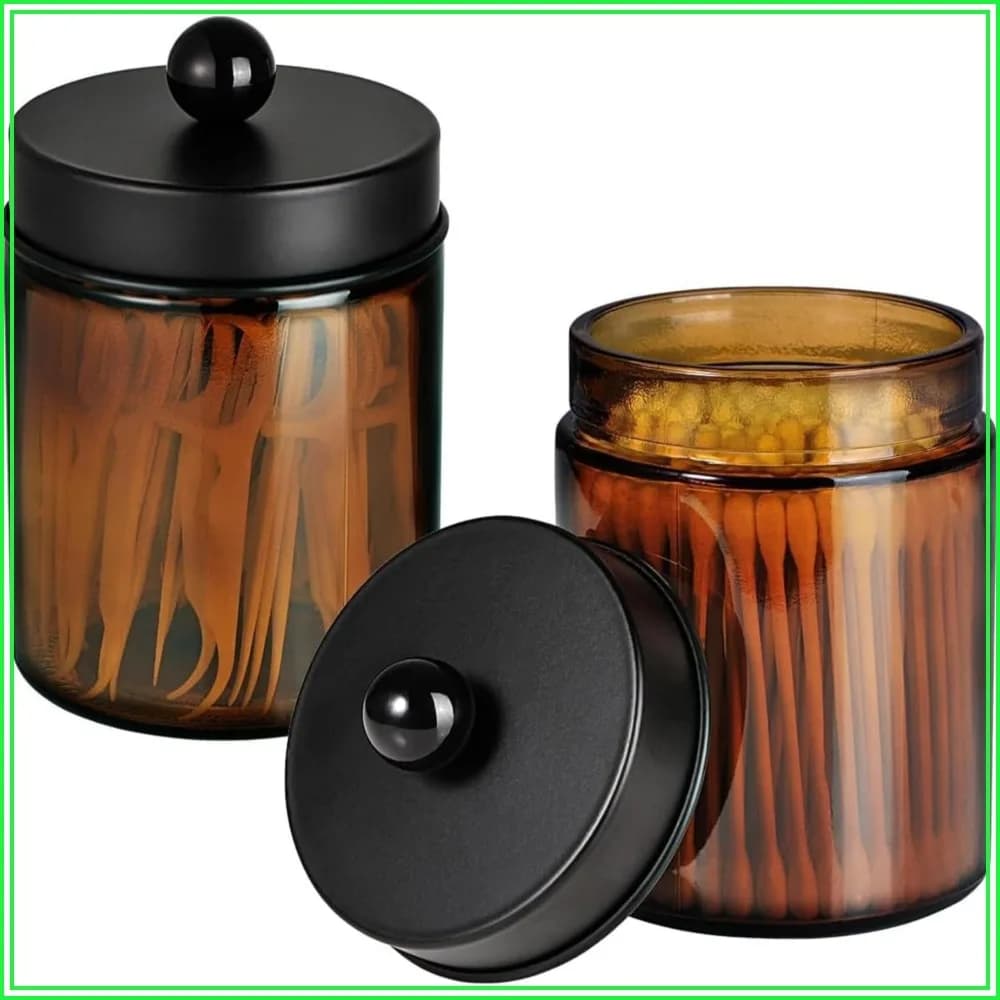 Amber Glass Qtip Holder with Black Lid & Stickers, Bathroom Qtip Dispenser Storage Organizer Set, Vanity Canister for Cotton Swabs, Round Pads, Floss (2 Pack)