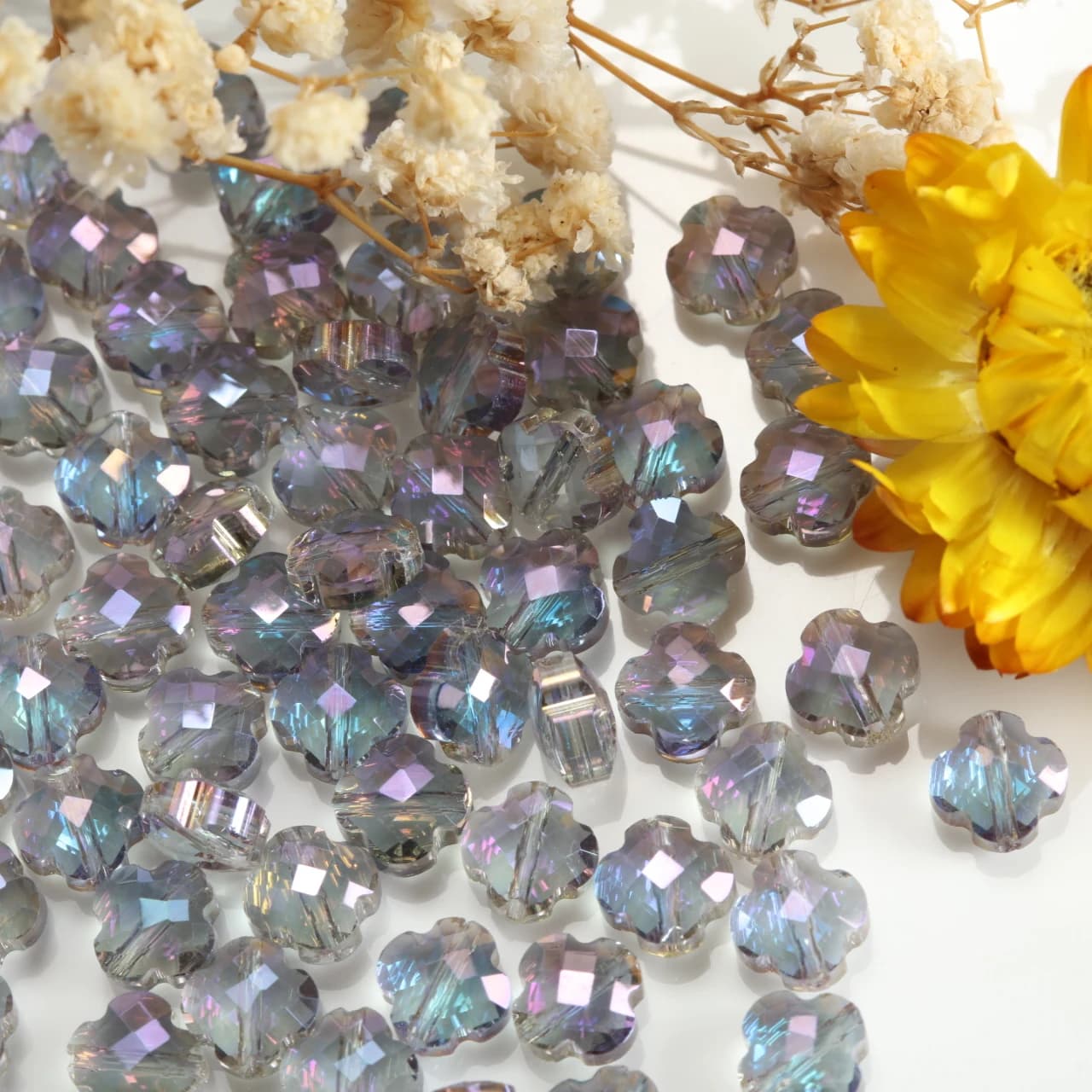 Perline di vetro trasparenti a forma di quadrifoglio blu viola Aurora da 8 mm, perline sfuse per braccialetti fai da te, orecchini, forniture per la creazione di gioielli