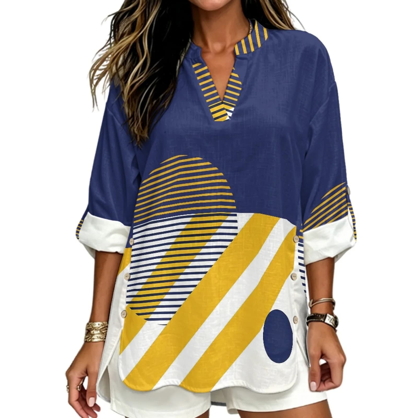 INSTANTARTS Women'S Linen V-Neck Shirt Breathable Long-Sleeved Top Blouse Roll-Up Cuffs Lightweight Comfortable Soft Abstract