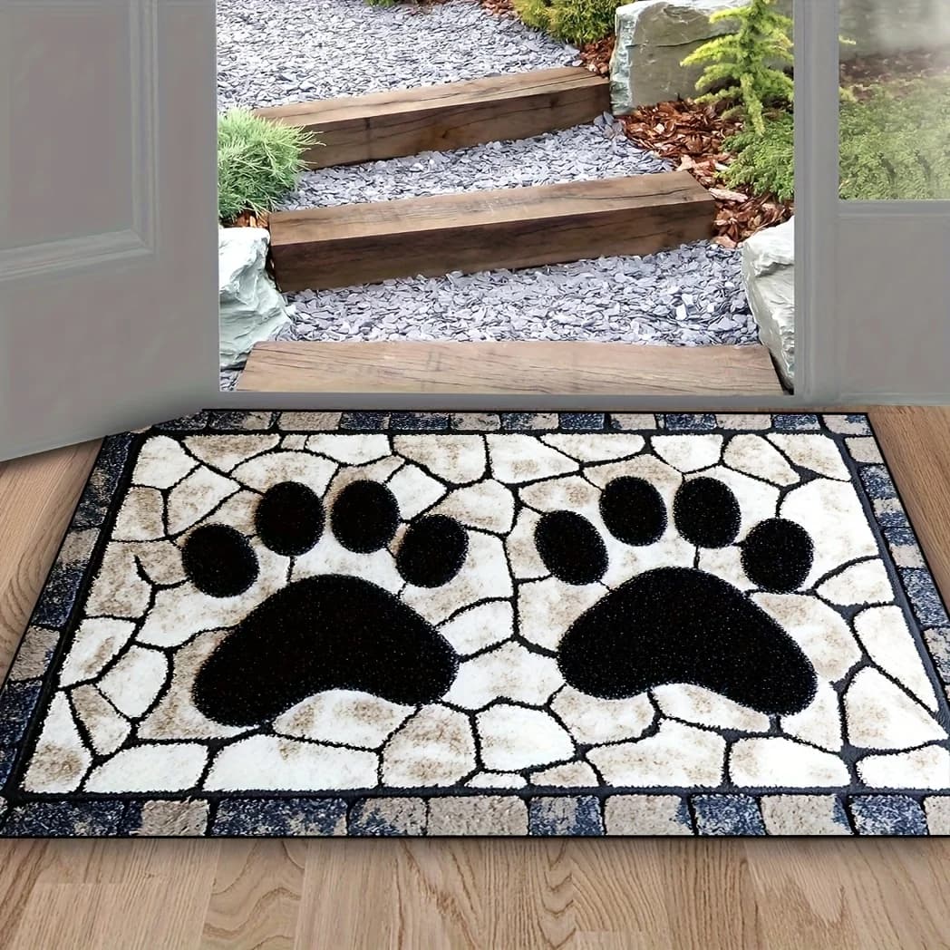VIKAMA Adorabile tappetino con stampa di zampe di animali, motivo in pietra bianco e nero, assorbente e antiscivolo, per l'ingresso, il corridoio, l'arredamento della casa