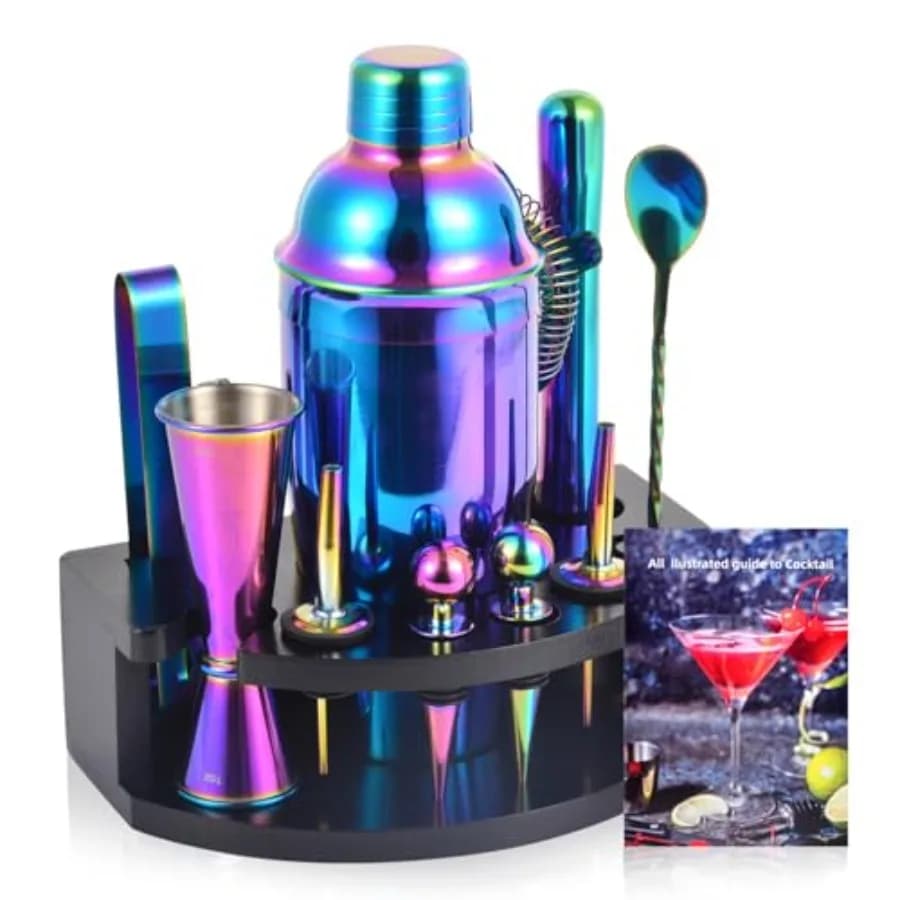 Set da Barman con Supporto, Kit Barman 12 Pezzi, Set Shaker Cocktail da 24oz per Miscelare Bevande, Set Shaker Martini con Utensili da Bar e Ricette B