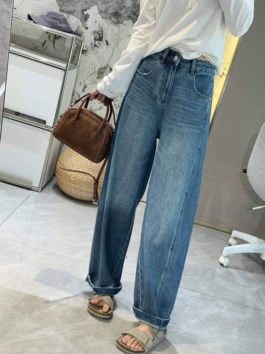 Jeans Primaverili Soft and Fluid to Gamba Woman's Larga, High Waist Long Pants in Denim Washed with Curved Cutting and Comfortable fit in Cotton Mixed