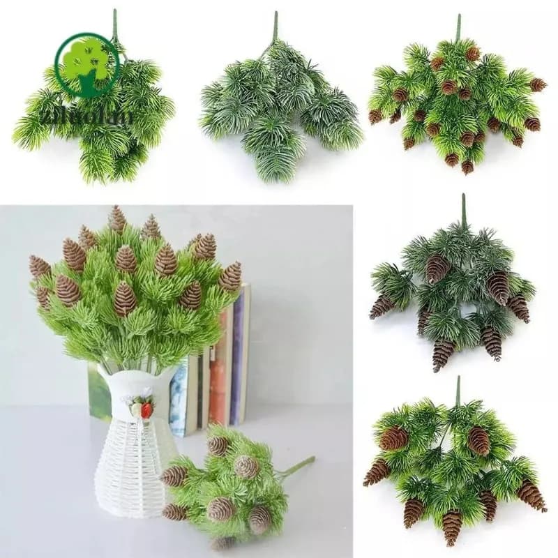 Christmas Pine Cone Branches, Green DIY Accessories Artificial Pine Branches, Desktop Ornament Fake Plant Craft Faux Pine Leaves