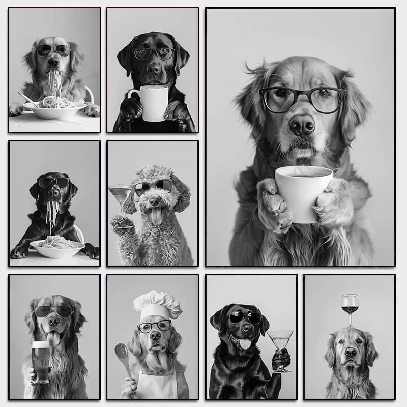 Drinking Coffee Wine Kitchen Animals Poster Canvas Painting Black White Funny Dogs Golden Retriever Wall Art Picture Home Decor