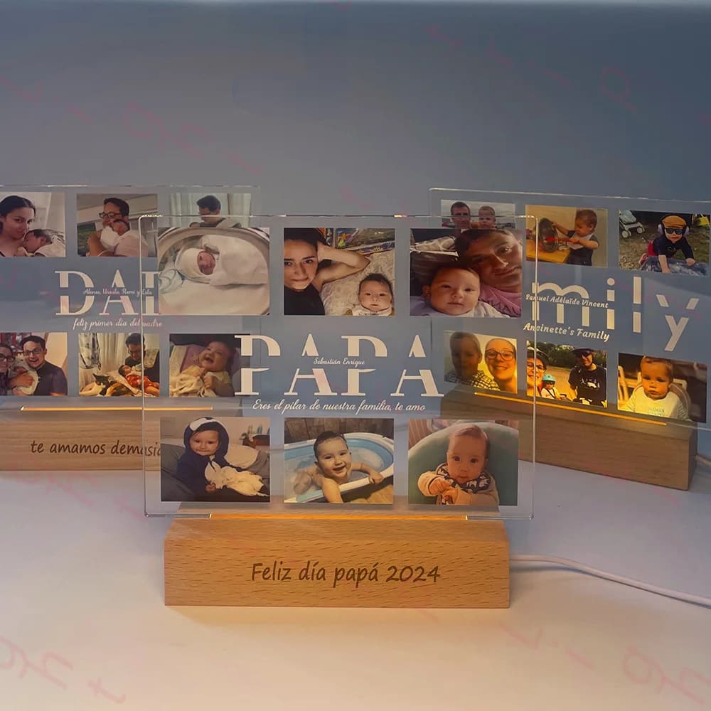 Luce notturna personalizzata per mamma/papà con testo e nomi incisi personalizzati Multi-foto lampada acrilica 3D festa del papà regalo di compleanno di nozze