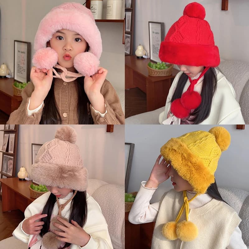 Winter Kids Plush Ear Protection Baby Hat Warm Pullover Beret Pompon Beanie Solid color Wool knitting hats 1-5 years Baby bed