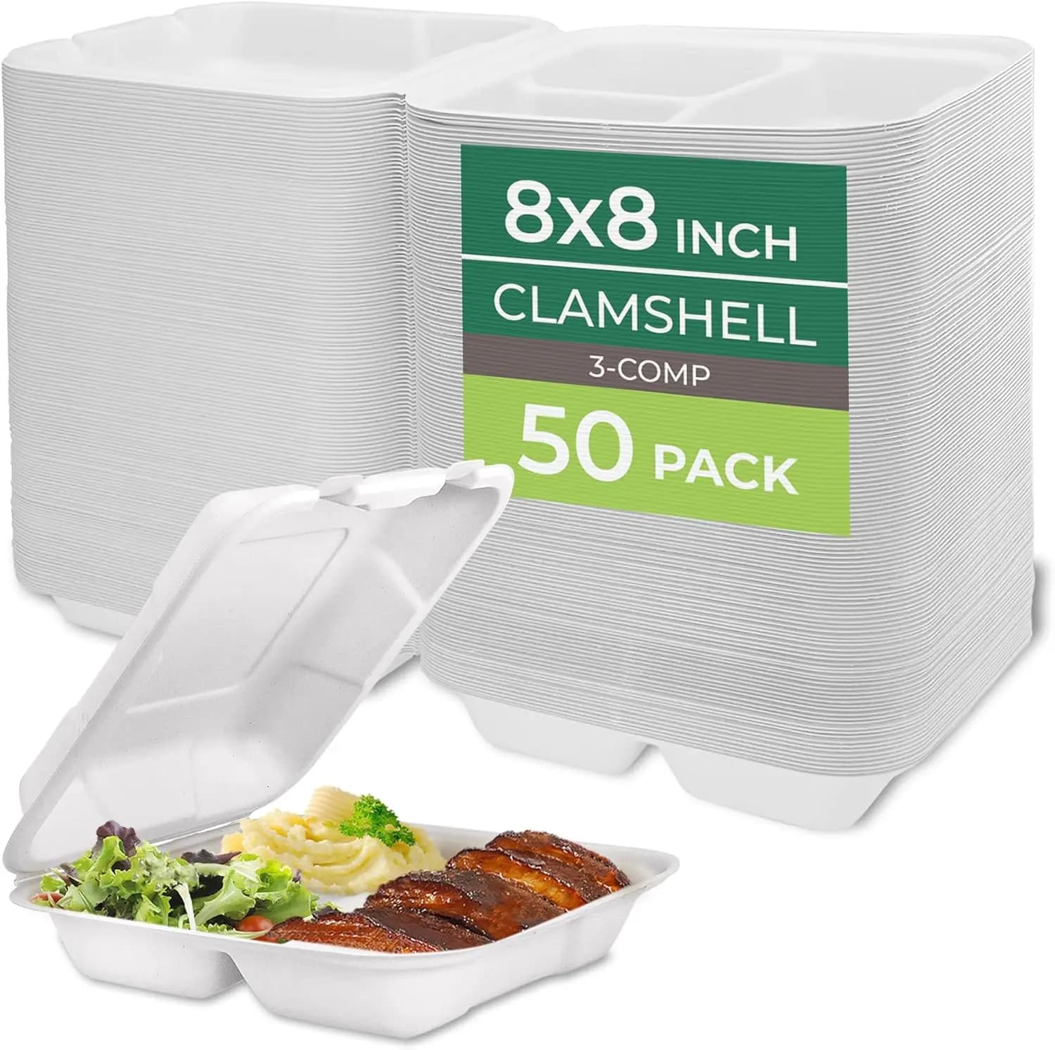 Confezione da 50 Contenitori Compostabili a 3 Scomparti 8x8 Pollici – Scatole Biodegradabili in Canna da Zucchero per Asporto e Preparazione Pasti