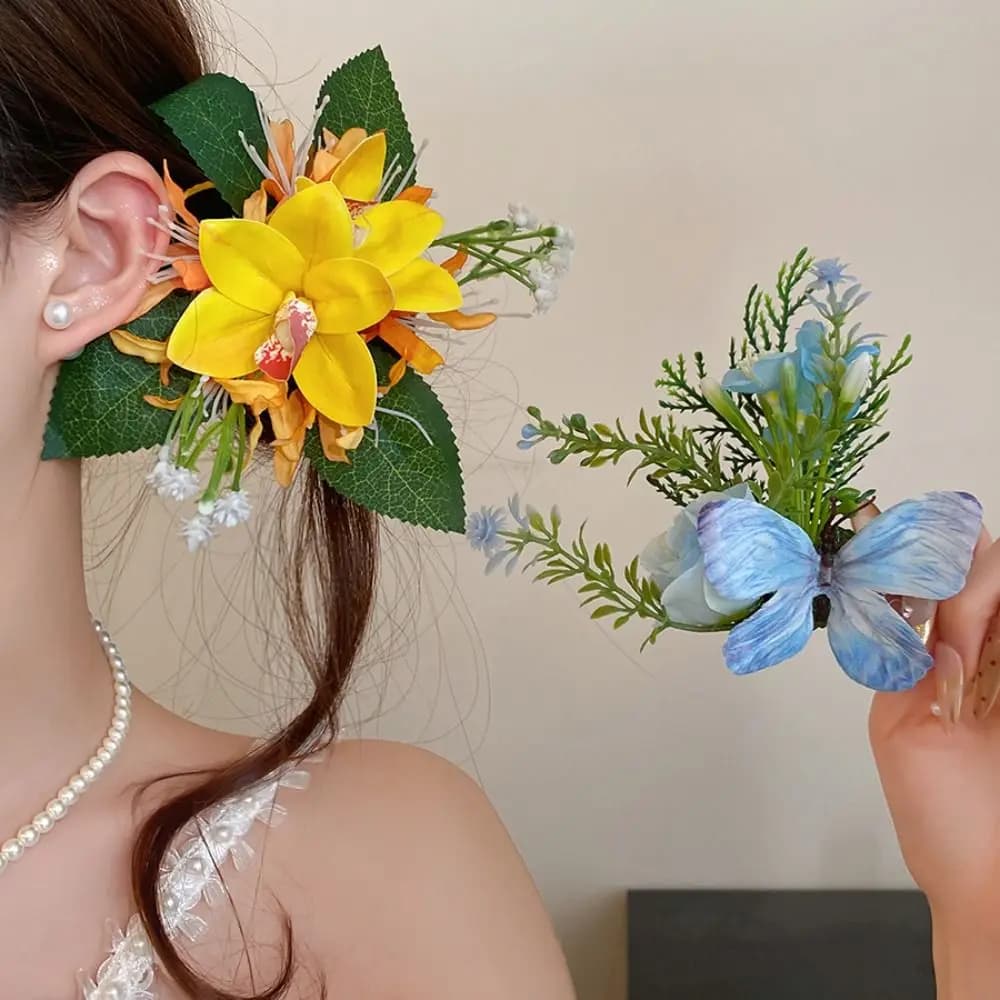 Colorful Large Flower Hairpin Side Clip Korean Style Flowers Hair Claw Headpieces Bohemia Artificial Floral Hair Clip Summer