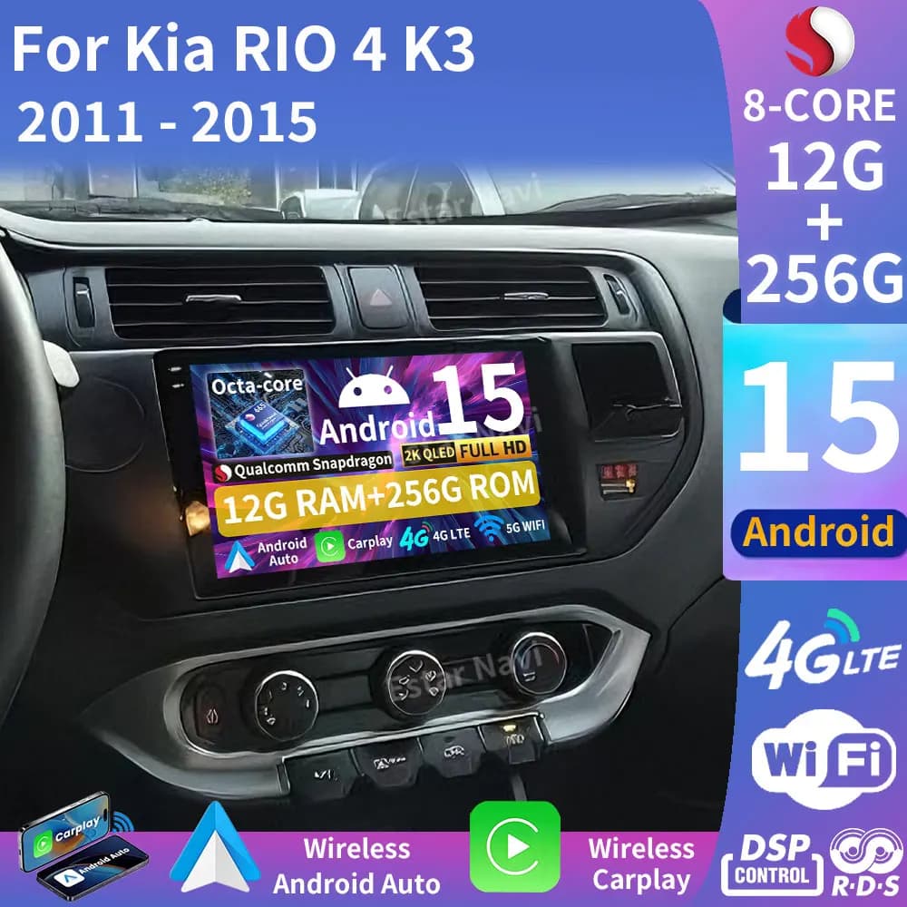 Autoradio Android 15 per Kia RIO 4 K3 2011-2015 LHD con Carplay Wireless, Auto 4G, BT, Lettore Multimediale 2Din