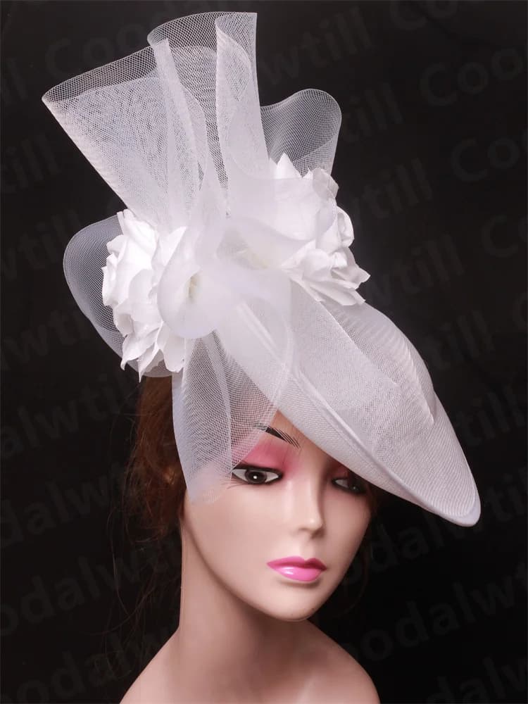 Bride Wedding Mesh Fascinator Hat Women Derby White Headpiece Kentucky Derby Race Chapeau Cap Flower Wedding Millinery Cap
