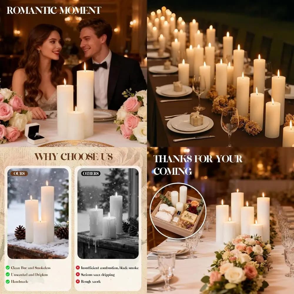 Bianche Column Candles Set, 3 Measures: 2x3, 2x6, 2x8 Inches - 12 of Each, Ideal for a Clean Combustion, Weddings, Home Decorations, Church