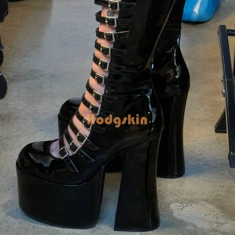 Gothic Black Buckle Platform Boots Patent Leather Round Toe Side Zipper Square Heel Knee-high Boots 2026 Women's Fashion Pumps