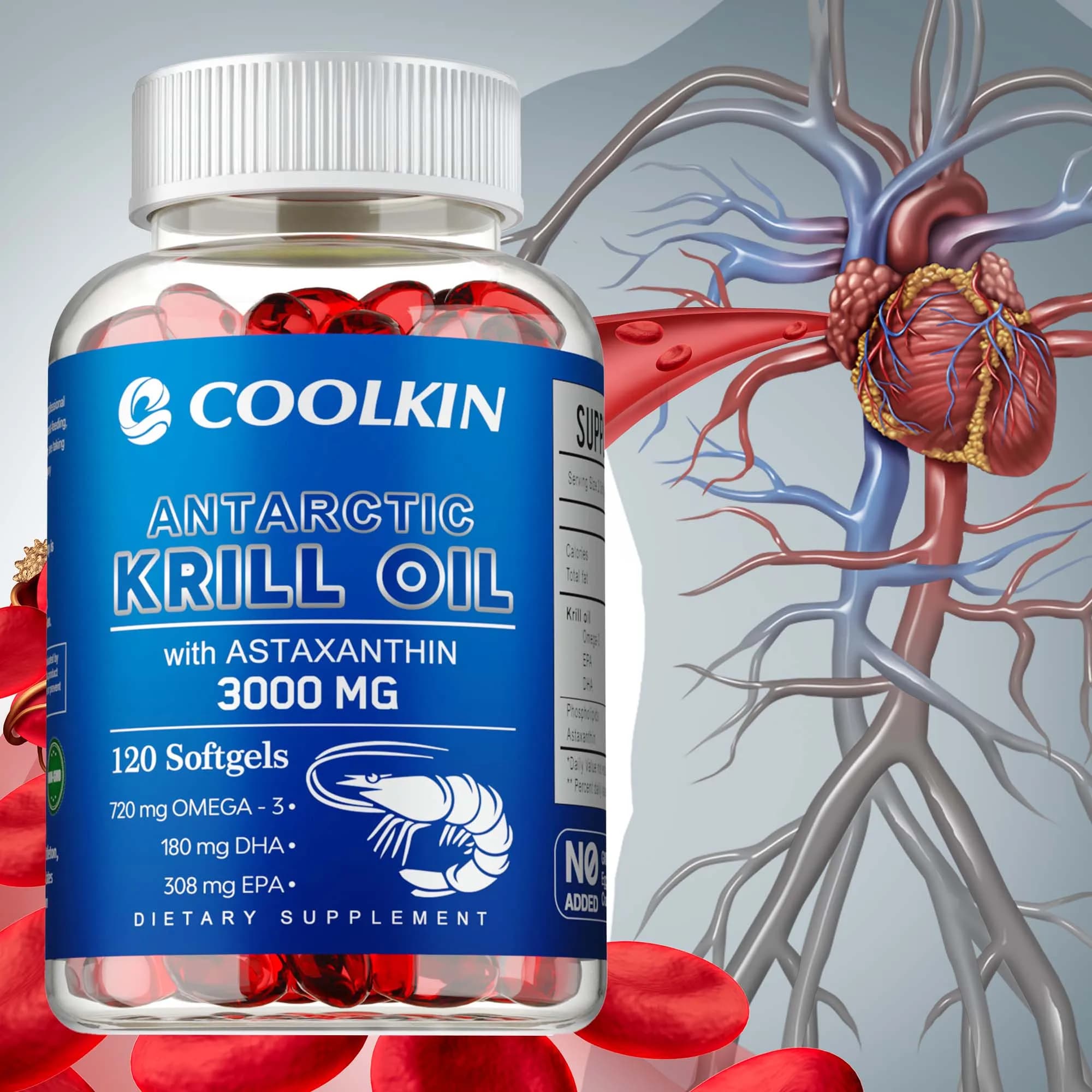Olio di krill antartico 3000 mg - Omega-3 EPA, DHA, riduce il dolore articolare, migliora la circolazione sanguigna, supporta la salute del cuore e delle articolazioni