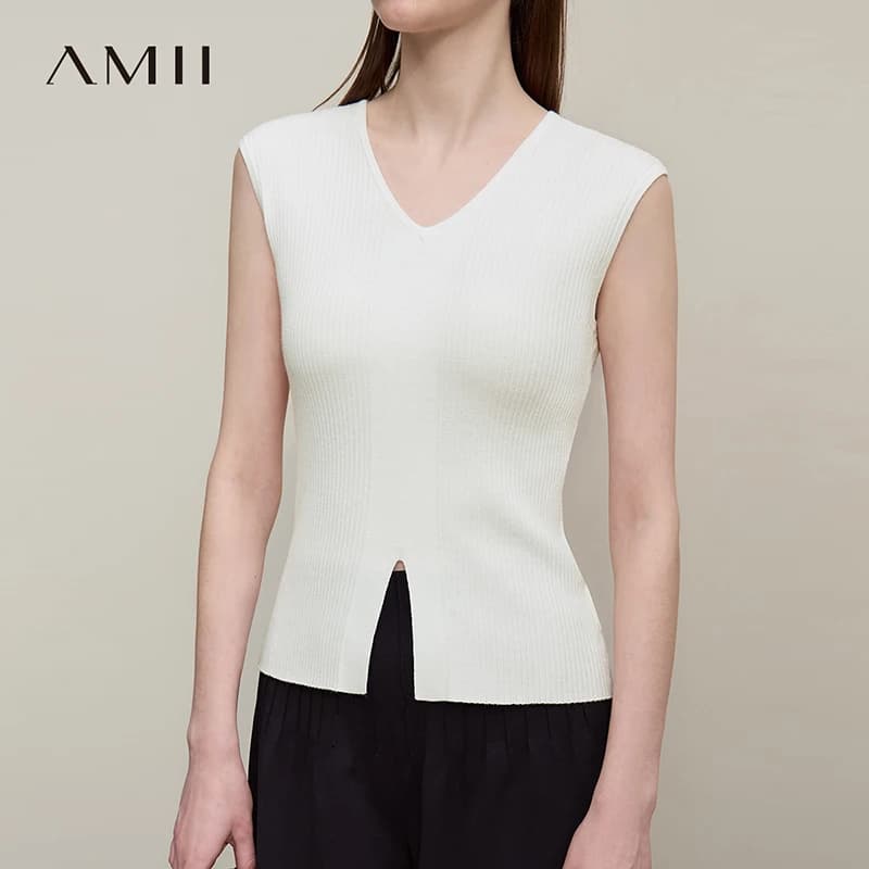 Maglione Senza Maniche da Donna Amii, Nuovo Top Estivo 2026 con Scollo a V e Spacco, Maglia Basica Slim Fit, Pullover Casual Versatile per Donna 12642056