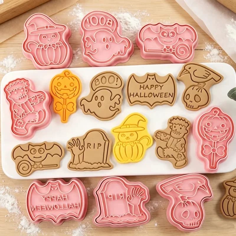 Cartoon Pressable Cookie Cutters 8pcs Halloween Mold Set Biscuit Confectionery Stamp Kitchen Essential Baking Pastry Tools