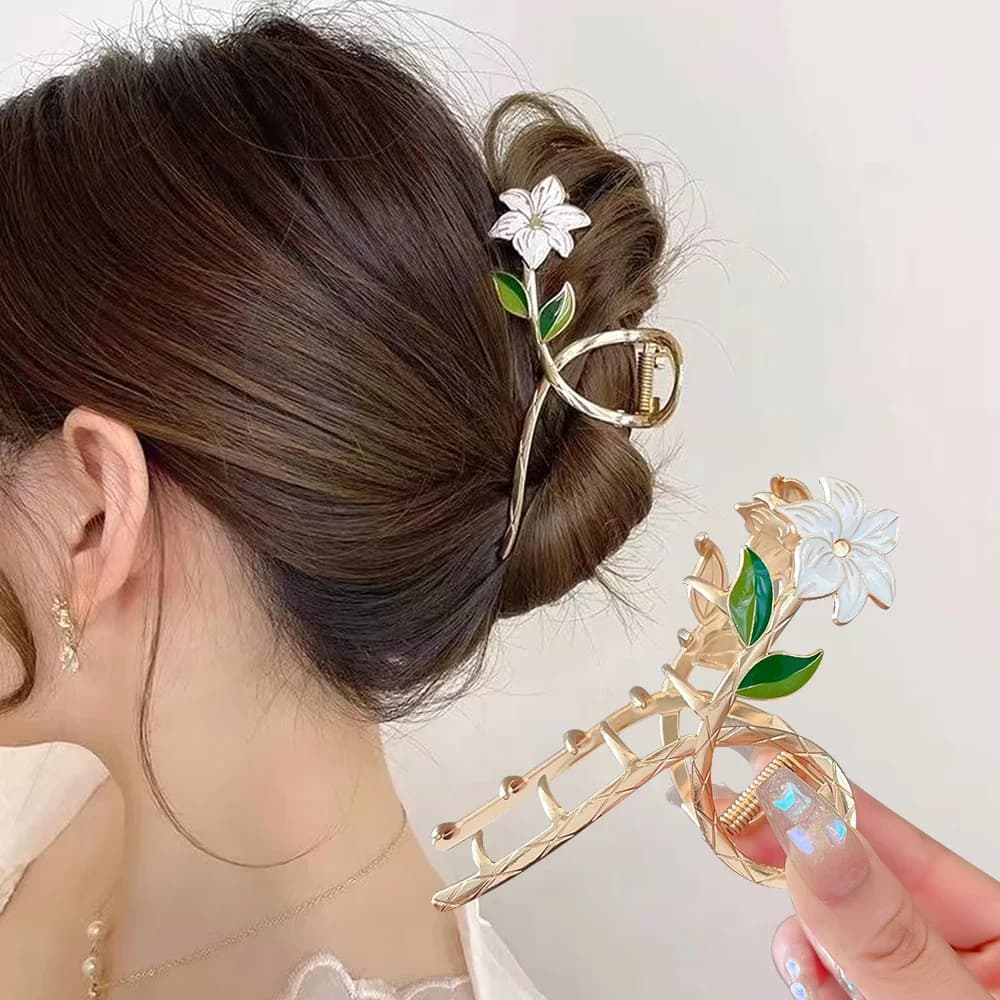 Artiglio per capelli con fiore di giglio alla moda, clip per mascella di squalo in metallo a tenuta forte, elegante copricapo estivo da spiaggia per capelli ricci spessi