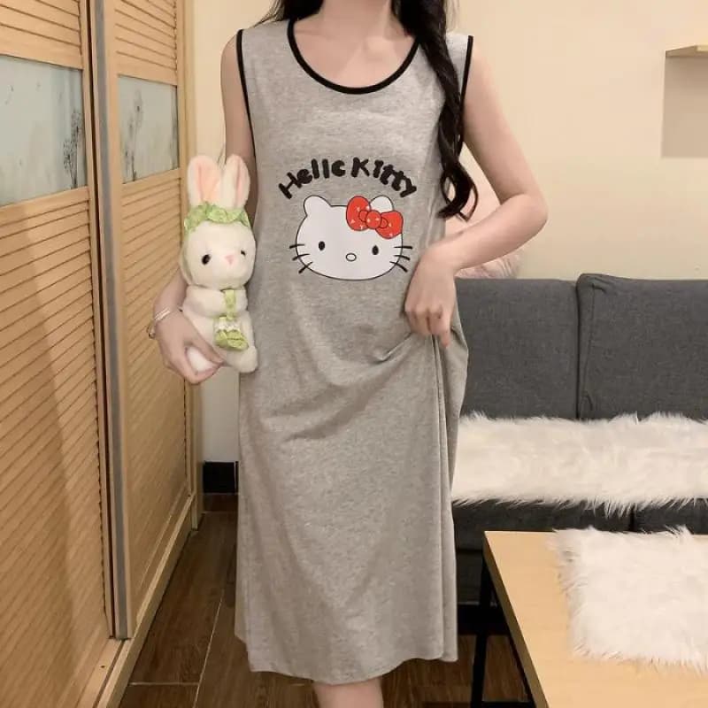 SanriHello Kitty Women's Night Skirt Pure Cotton Short Sleeve Pajamas Kawaii Cartoon Y2K Spring Summer Student-Friendly Clothing