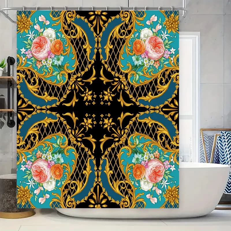 Tenda da doccia vintage con stampa floreale barocca per l'arredamento del bagno Sfondo nero con finiture dorate.