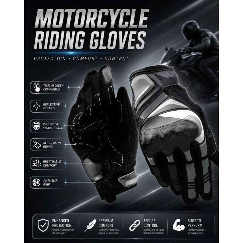 Guanti da Moto per Tutte le Stagioni per Uomo, Design Riflettente e Compatibile con Touchscreen