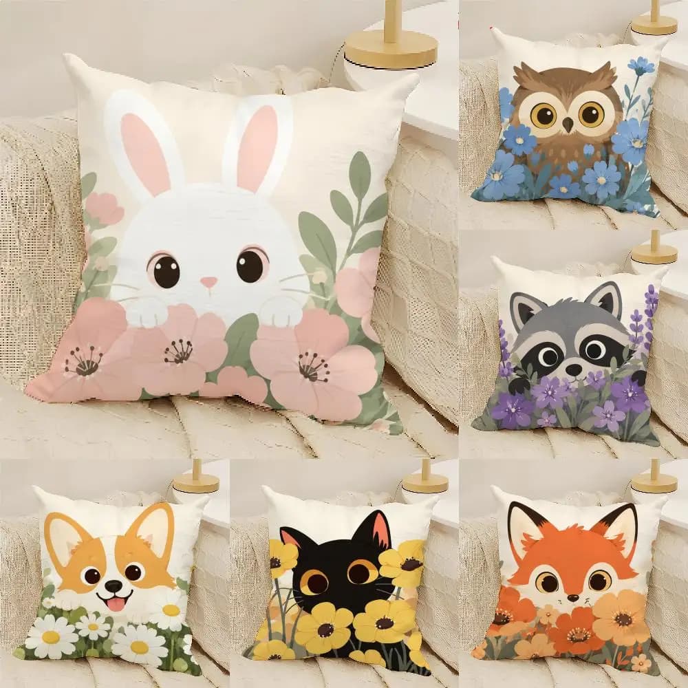 Animals In The Flower Bed Cushion Cover Natural Linen Organic Fabric Double-Sided Printing Sofa Home Decor Gift Pillow Cover
