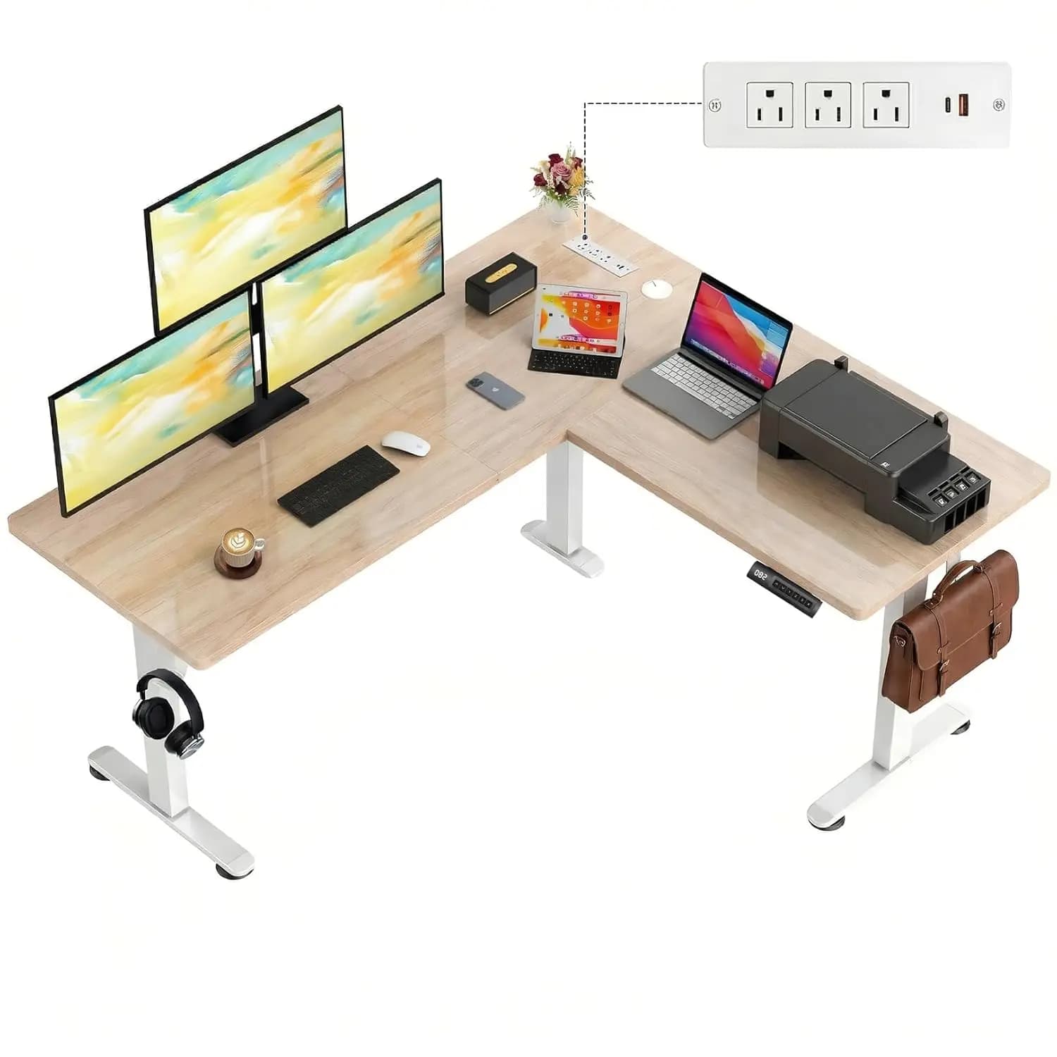 Scrivania a L Elettrica Regolabile in Altezza 63x55 con Prese Elettriche, Tappetino per Mouse, Gancio, Postazione da Ufficio e Gaming, Grigio Quercia Personalizzabile