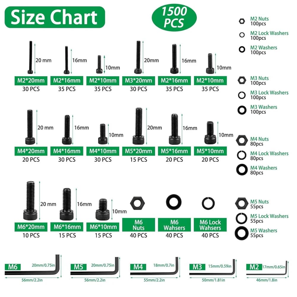 A78I 1500PCS Screws Nuts and Washers Assortment, Hex Socket Head Cap Metric Bolts and Nuts Kit for 3D Printer Furniture