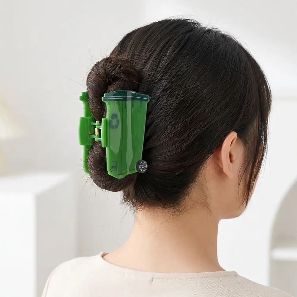 Novelty Trash Can Design Hair Claw Green Funny Garbage Can Hairpins Environmentally Friendly Large Acrylic Shark Clip Women