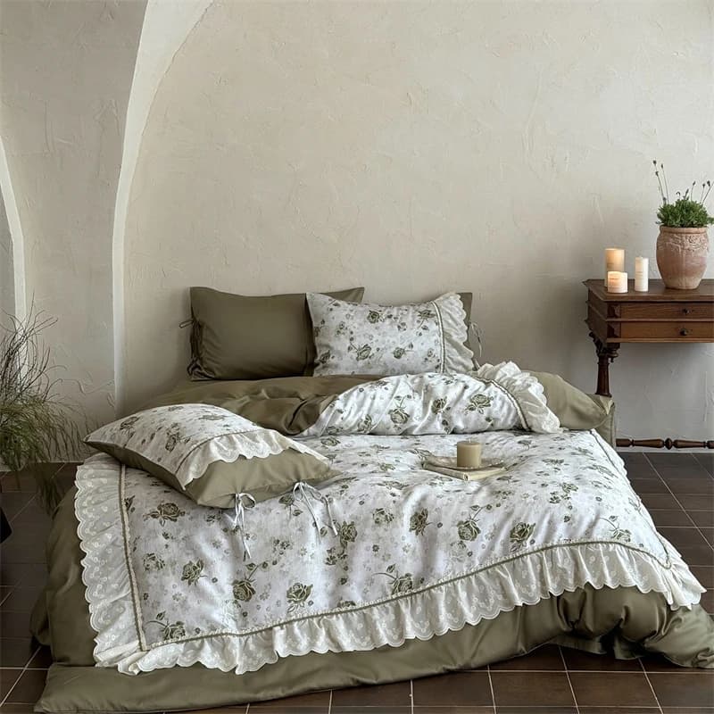 1000TC Egyptian Cotton French Vintage Lace Ruffles Rose Flowers Bed linen set Cover flat/with corners Load 4 pieces