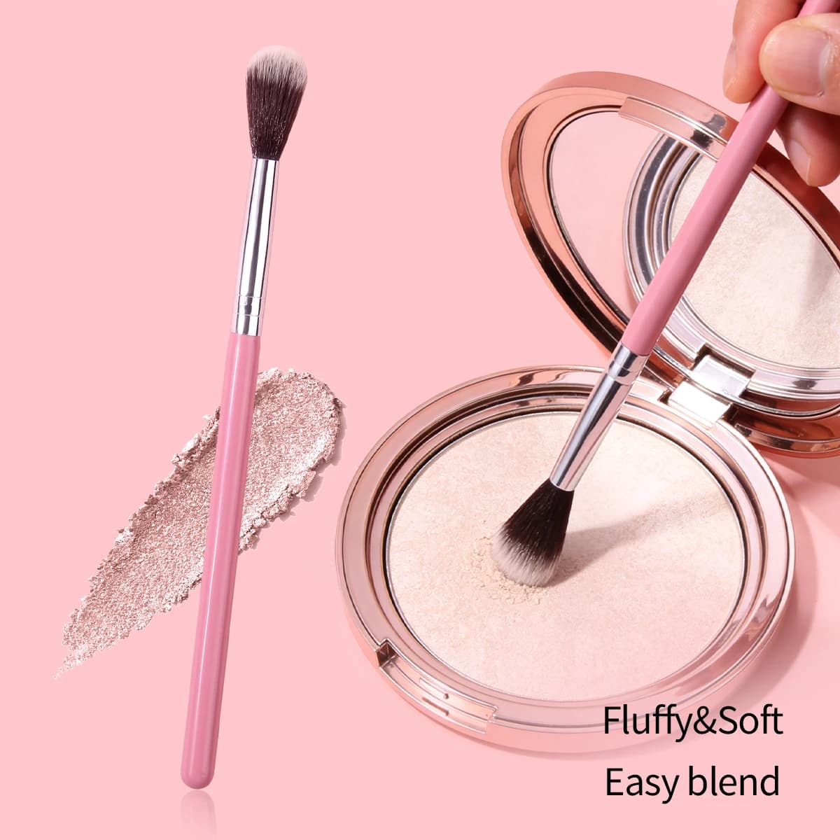 Pennello per Trucco con Manico Rosa, Setole Morbide per Illuminante e Contorno, Strumento Cosmetico per Sfumature Perfette