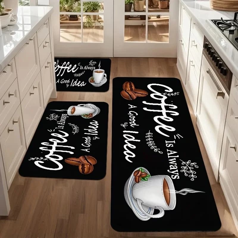 Newest Doormat Coffee Is Always A Good Idea Coffee Bean Cup Print Washable Non Slip Kitchen Rug Set for Living Room Bedroom
