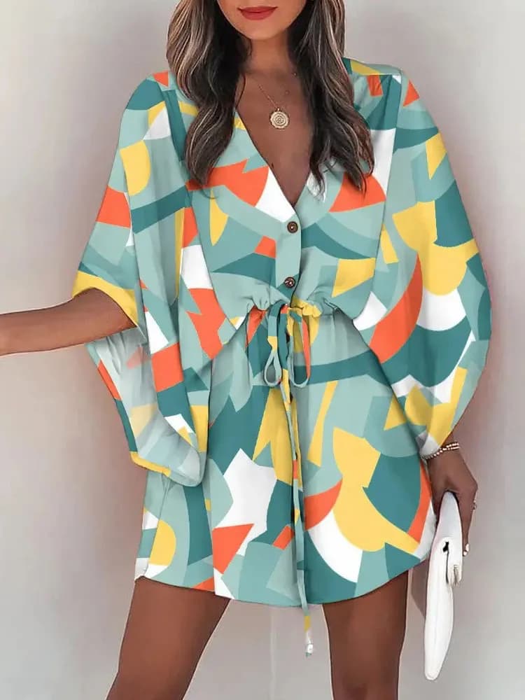 Abito casual estivo moda donna manica volante scollo a V stampa abiti da festa da spiaggia elegante mini abito con lacci Robe Femme 2023 nuovo