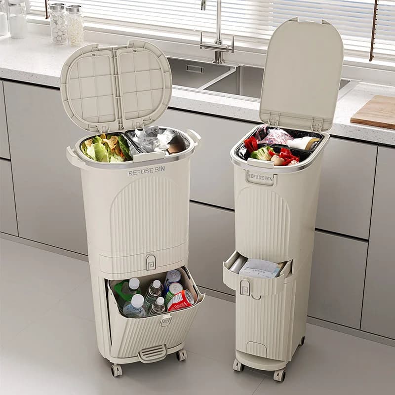 ‌Step Pedal Kitchen Bin - Odor-Proof Dual Compartment Waste Recycling, Slim Fit for Compact Home Office Spaces