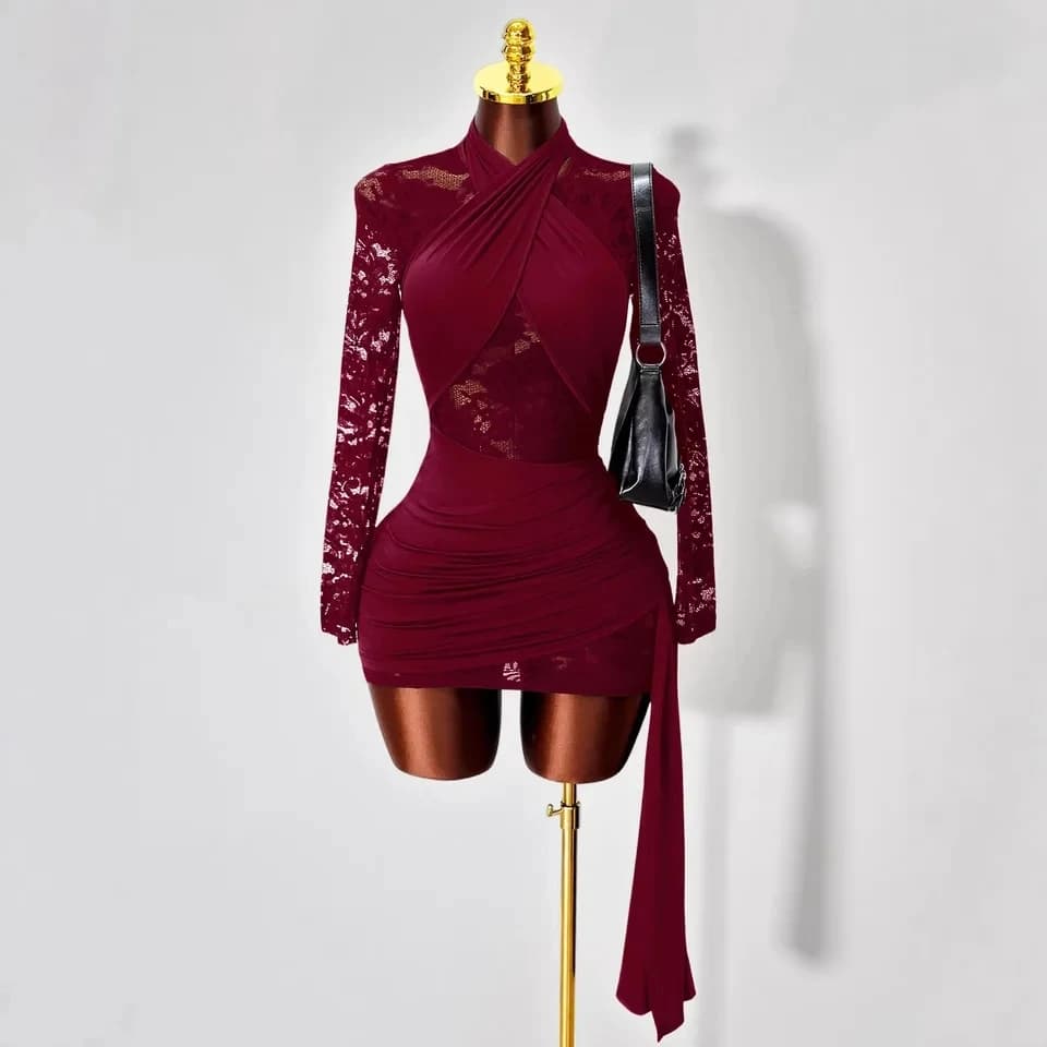 Abito Bodycon Sexy con Inserti in Pizzo, Collezione Primavera 2026, Vestito Trasparente a Maniche Lunghe, Elegante con Collo Semi-Alto, Streetwear Vestidos