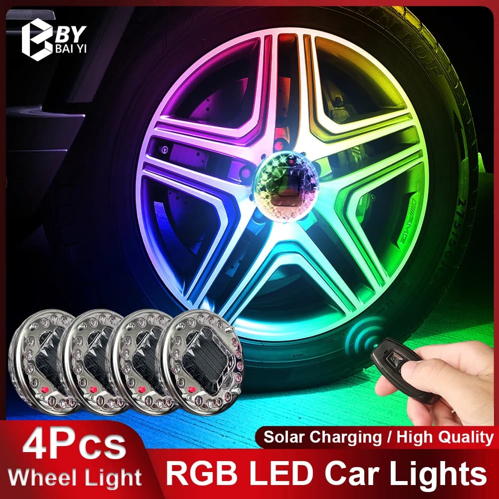 4Pcs LED Car Wheel Lights RGB Car Ambient Light telecomando Flash Wheel Hub Lamp ricarica solare accessori per auto al Neon