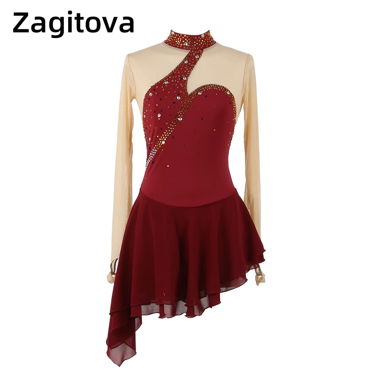 Zagitova Abito da pattinaggio di figura Donna Ragazza Gonna da pattinaggio su ghiaccio Concorso per prestazioni Gonna a rete Vino rosso
