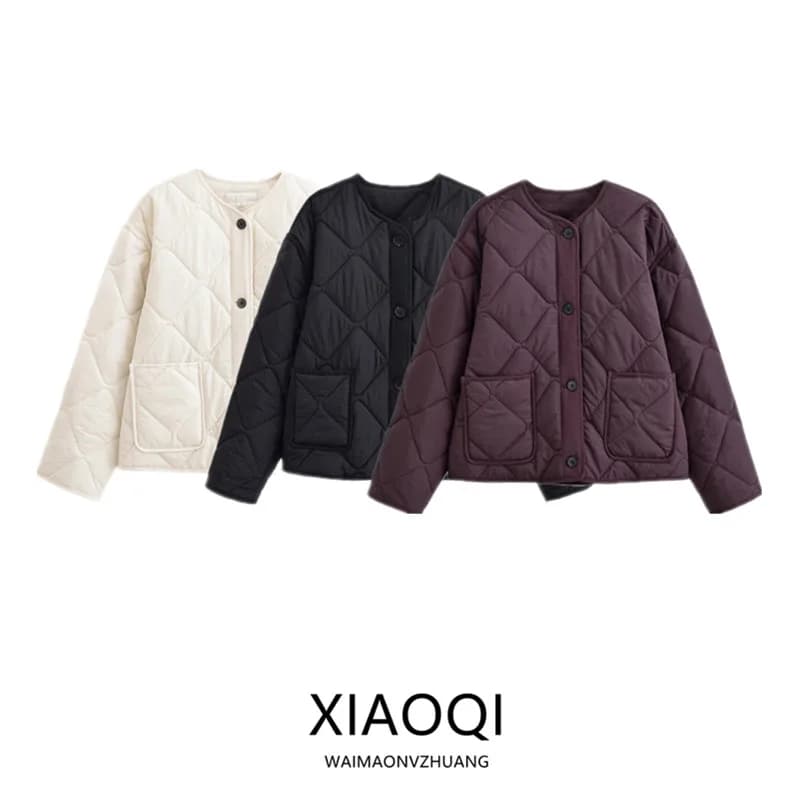 2025 Autumn New Style Women's Cotton Jacket Commute Diamond Pattern Simple Match All round Coat Short Length Button Closure