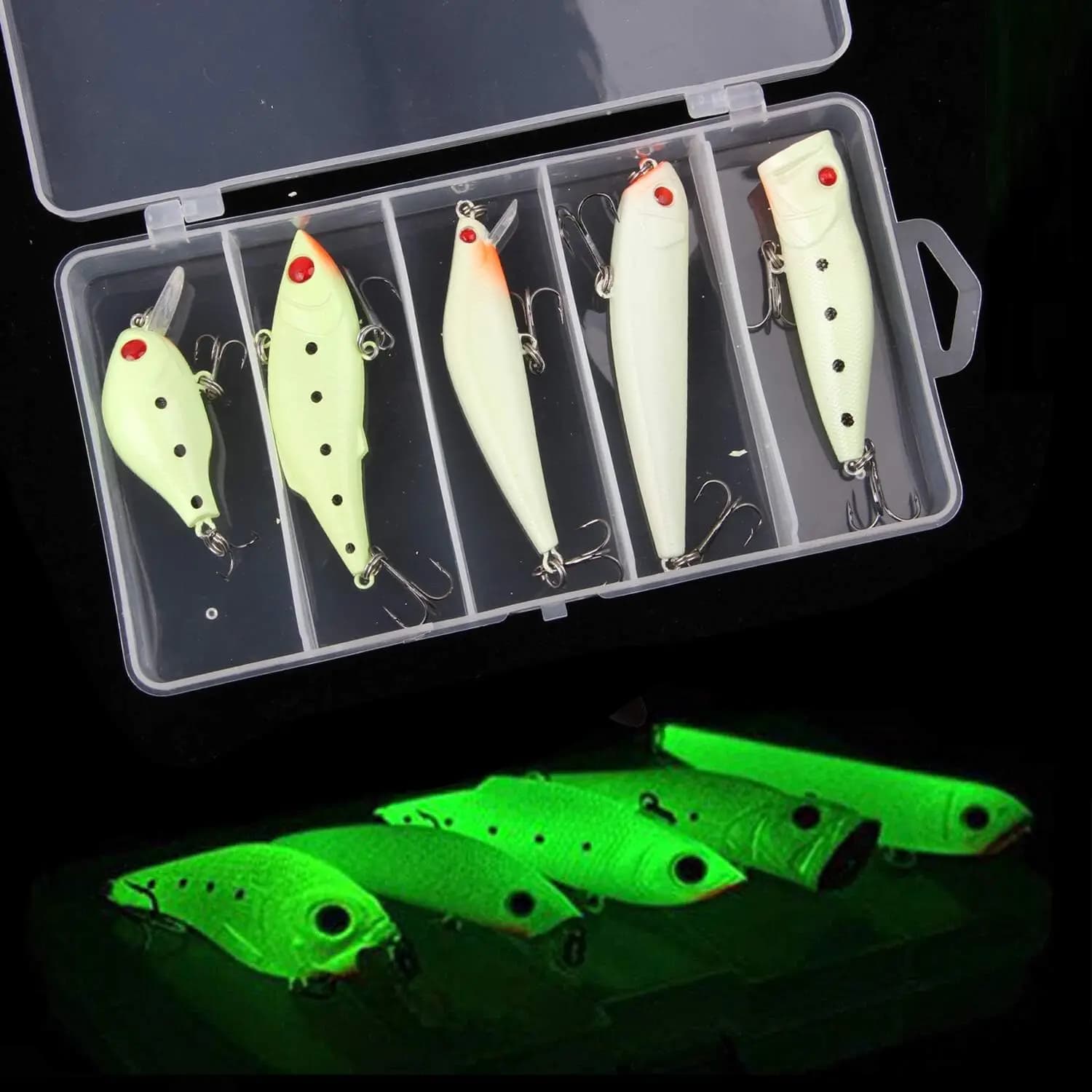 Kit di esche luminose per la pesca, 5/10 pezzi, VIB, Popper, Crankbait, Minnow, Pencil luminosi per la pesca notturna, esche rigide che si illuminano al buio con ami triplo, scatola porta attrezzi per Bass, Trota, Pesce Gatto