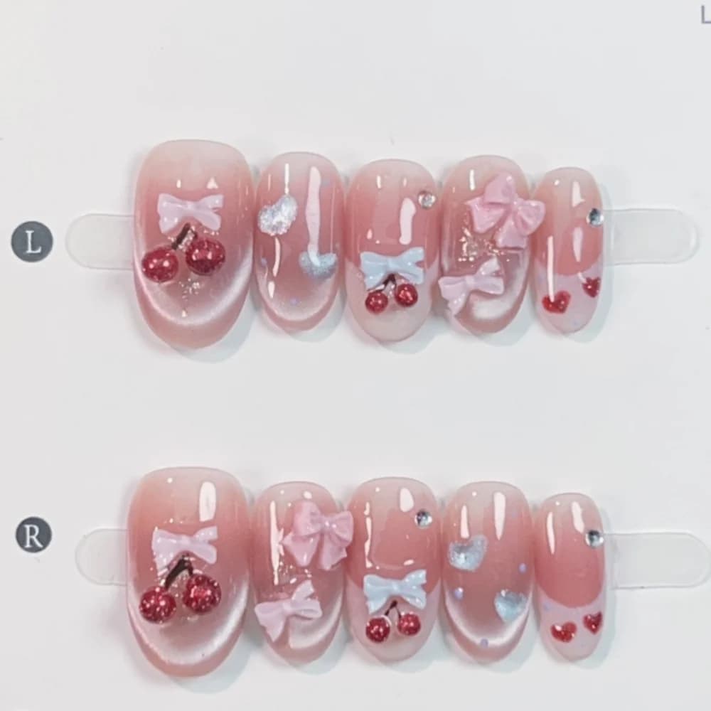 10 pieces of hand-made fake nail tips with cat's eye cherry bow french design fake oval short nails wearable pink print on nails