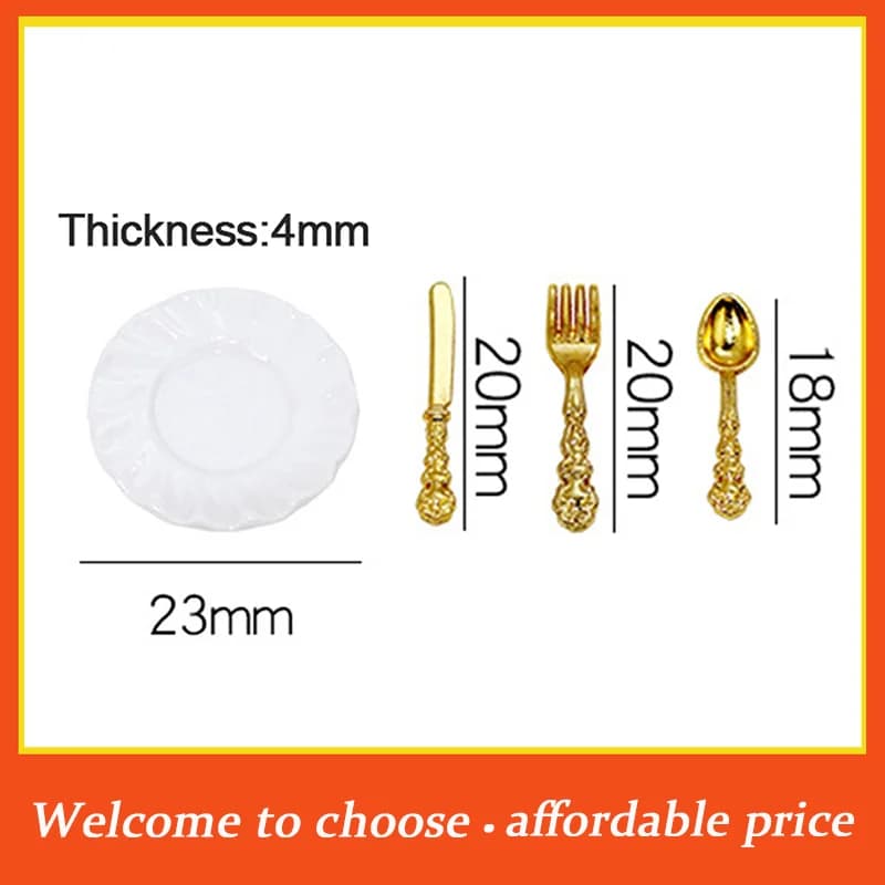 Set of 16 Sheets in Miniature Alloy and Ceramics, Knives, Forks, Knives and Plates for Home Decoration