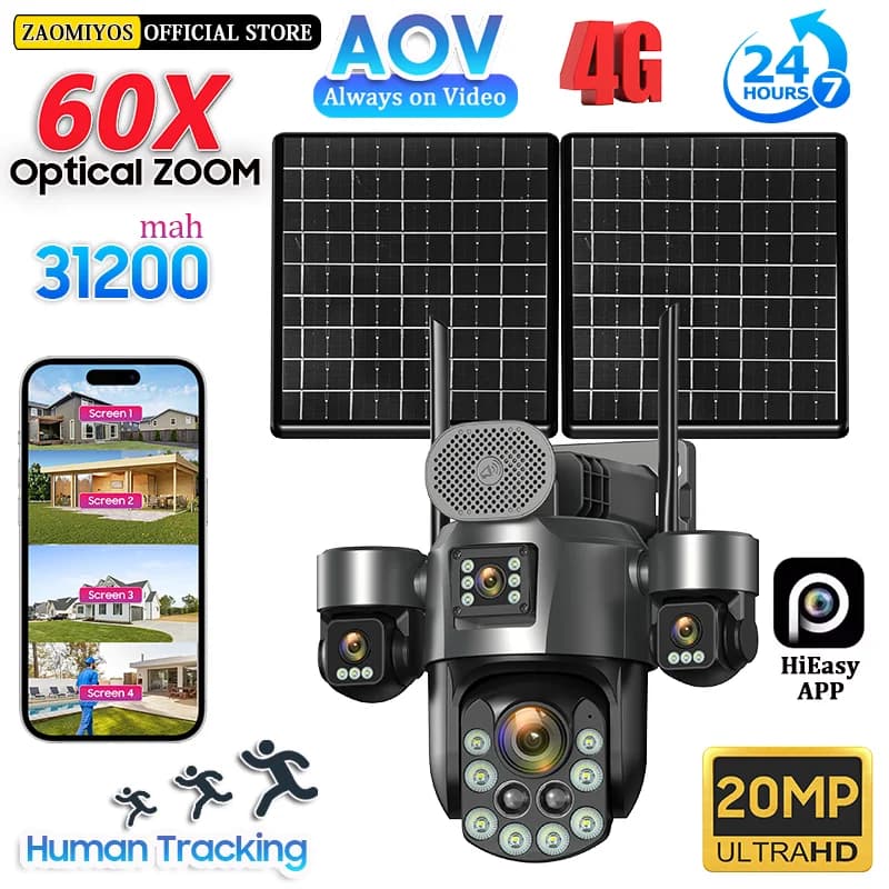 Telecamera di Sorveglianza Solare ZAOMIYOS 20MP con Quattro Schermi, SIM 4G, Zoom Ottico 60X, Tracciamento Automatico, Registrazione 24/7, PTZ