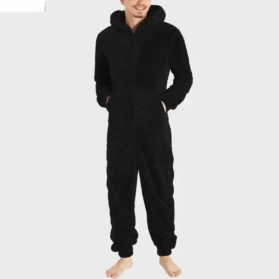Men's Winter Warm Sets Lambwool Pajamas Sets Men Woolen Solid Zipper One Piece Casual Long Sleeve Hooded Long Jumpsuit 5XL
