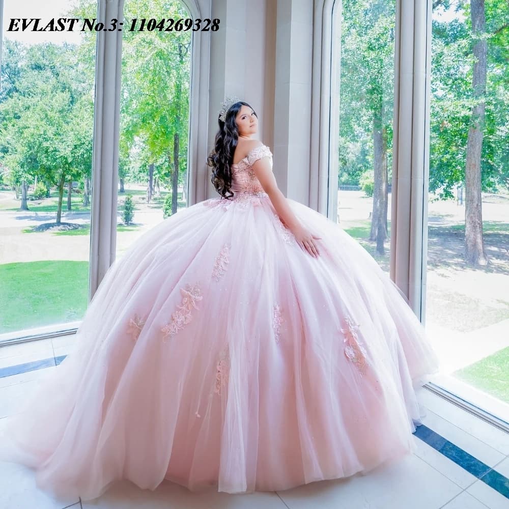 EVLAST Personalizzato Blush Rosa Abito Quinceanera Abito di Sfera Applique di Pizzo Che Borda Tulle Corsetto Dolce 16 Vestido De 15 Anos E3Q396