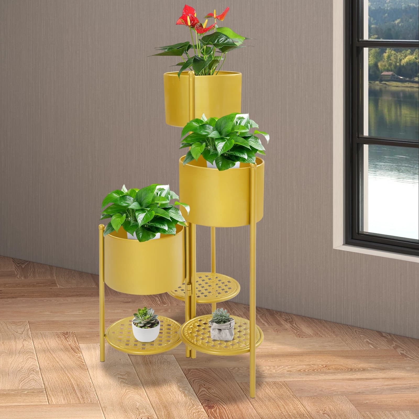 Corner plant support, support for golden iron flower pots, plant display with scale plant support