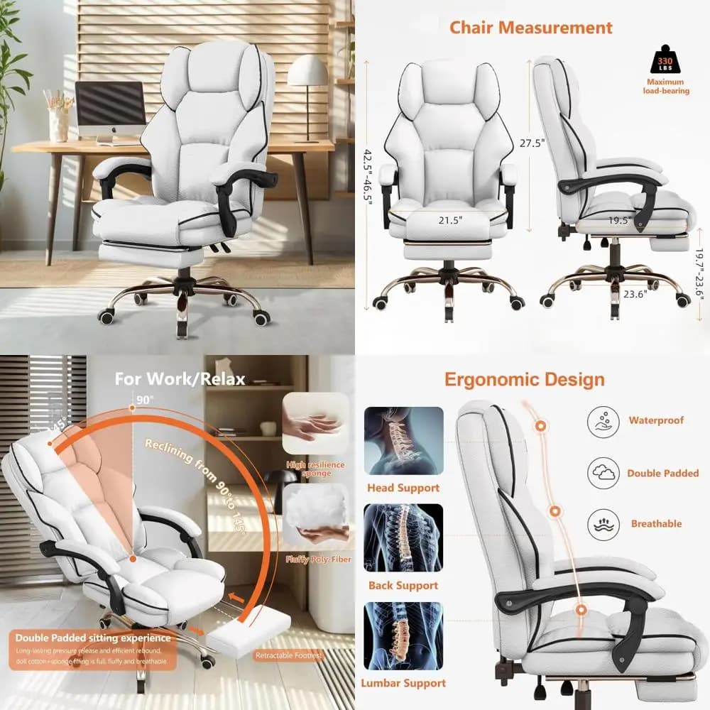 Sedia da ufficio direzionale ergonomica in pelle con schienale alto e poggiapiedi per giochi su computer e comfort girevole