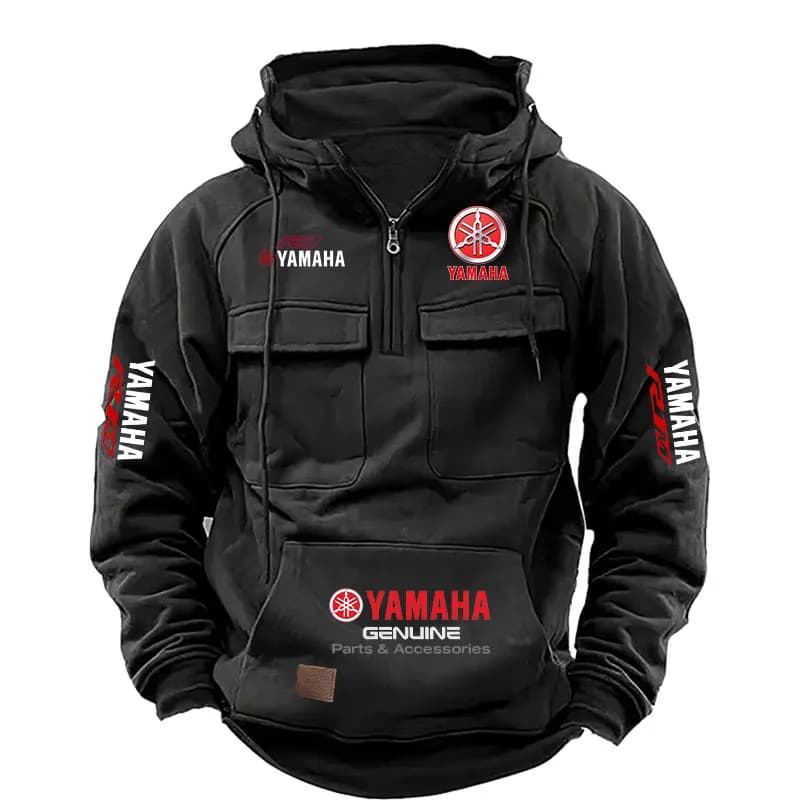 2026 New YAMAHA logo Motorcycle Racing Race Retro Velvet Half Zipper Hoodie Men's Multi Pocket Autumn/Winter Casual Sweatshirt