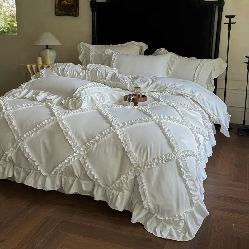 4Pcs French Princess Style Ruffles Bedding Set Double King Queen Size Wedding Bedroom Duvet Cover Flat/Fitted Sheet Pillowcases