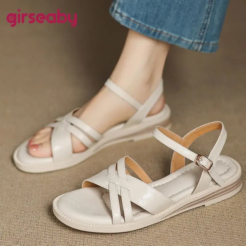Girseaby Soft Genuine Leather Women Sandals Round Toe Flats Buckle Strap 2025 New Design Vintage Leisure Daily Female Shoes