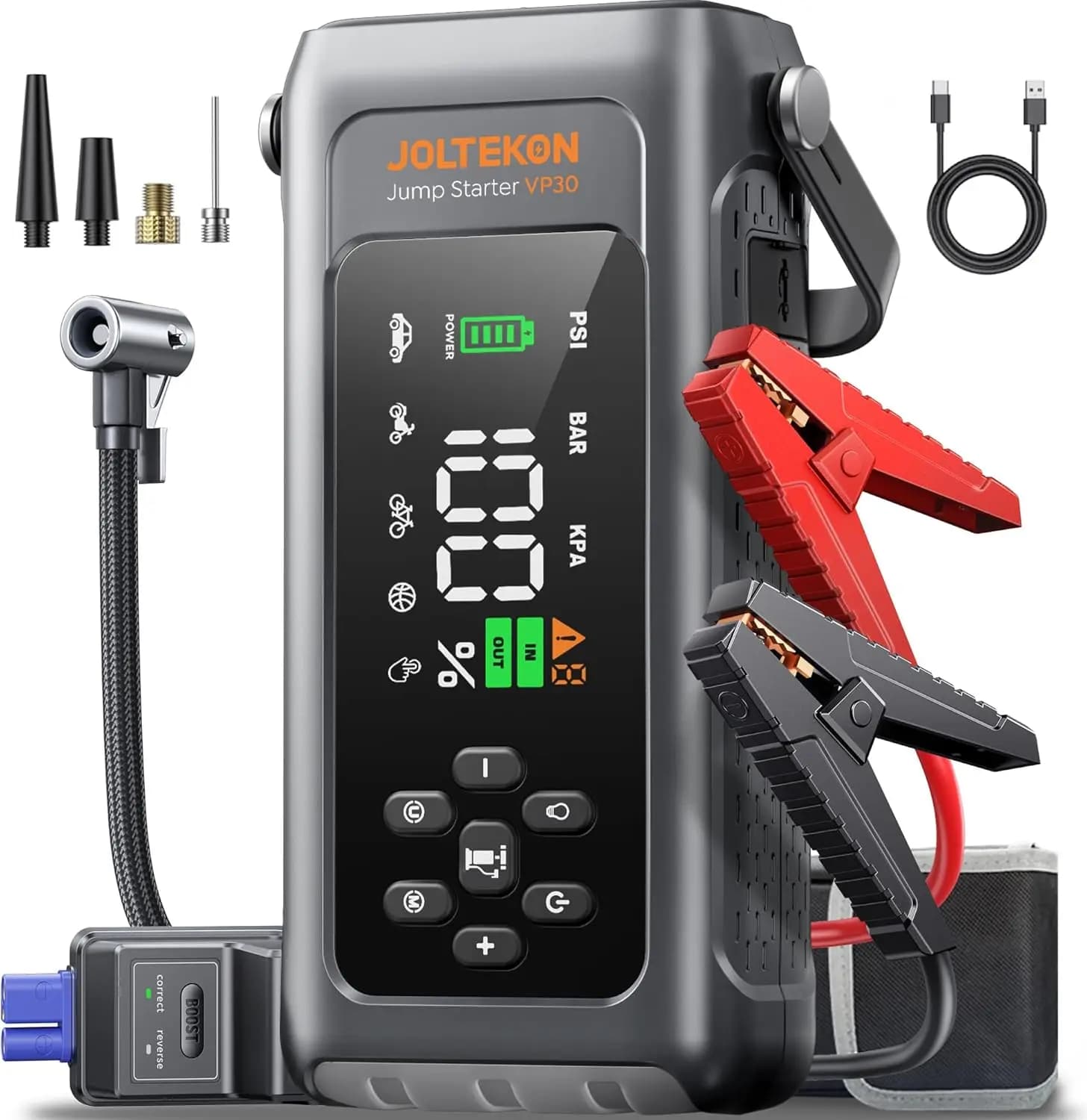 Avviatore portatile per batteria per auto 4500A con compressore d'aria 150PSI, spegnimento automatico, gonfiatore e cavi