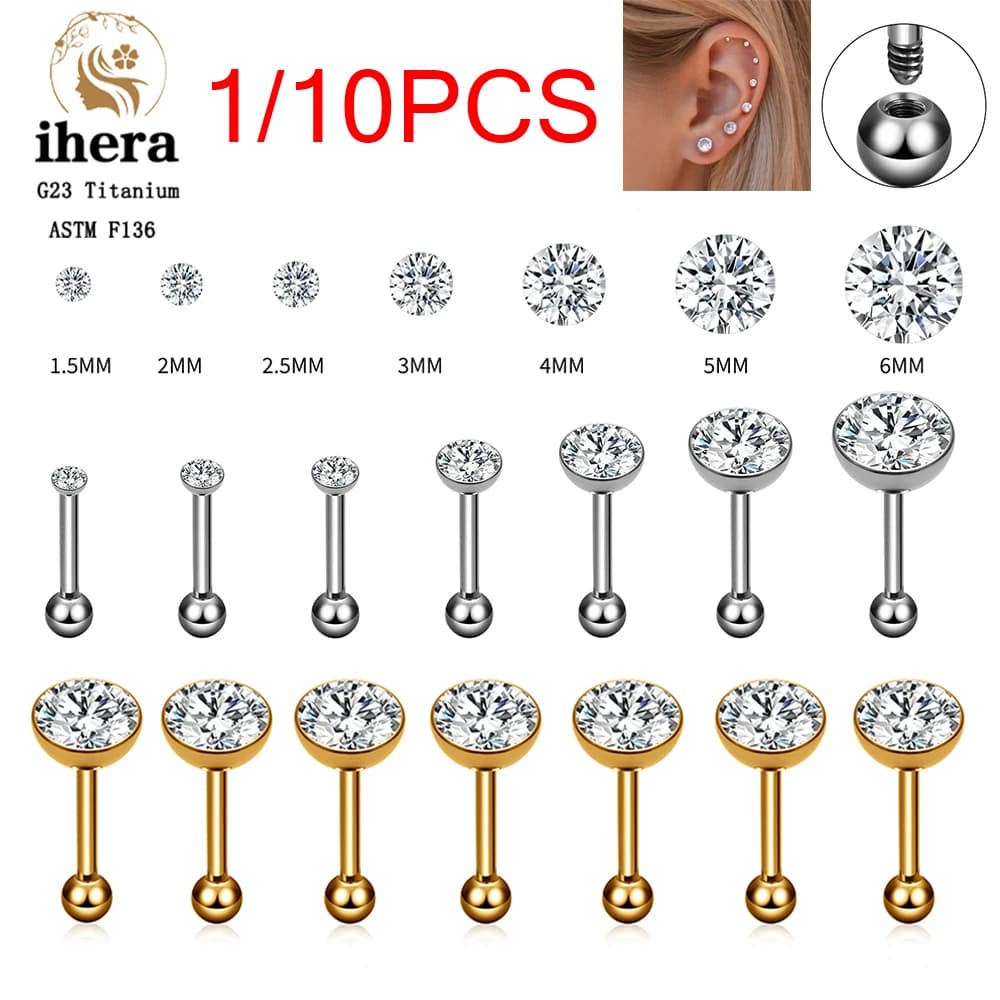 1/10 Pezzi Orecchini a Perno Classici in Titanio ASTM F136 con Zircone Rotondo, Gioielli per Piercing Donna Uomo, Cartilagine, Lobo, Helix, Conch, Trago